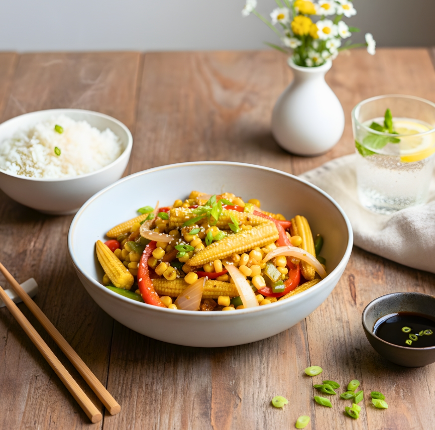 Colorful Baby Corn and Sweet Corn Stir Fry in a pan.