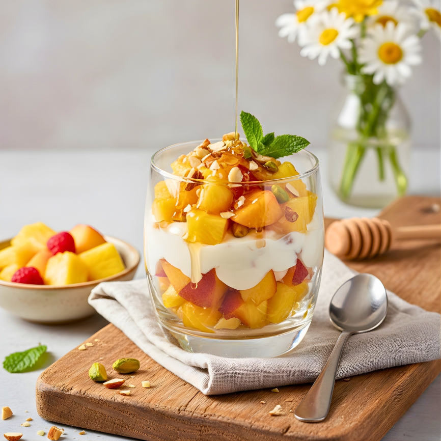 A refreshing Pineapple and Peach Dessert Cup in a glass.