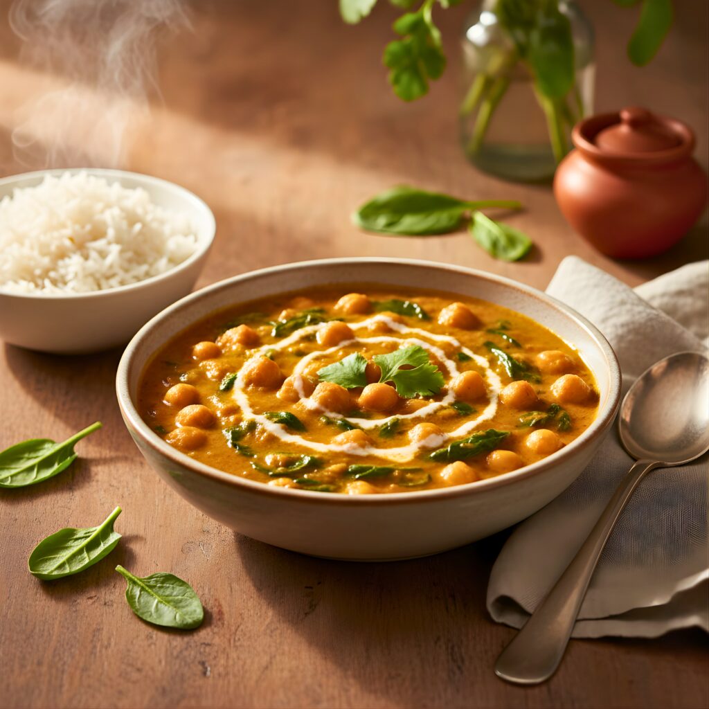 Hearty Chickpea and Spinach Curry (Chana Palak) in a bowl.